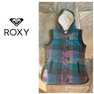 Roxy Women's Blue Purple Plaid Sleeveless Sherpa Lined Hoodie Vest Jacket  L EUC